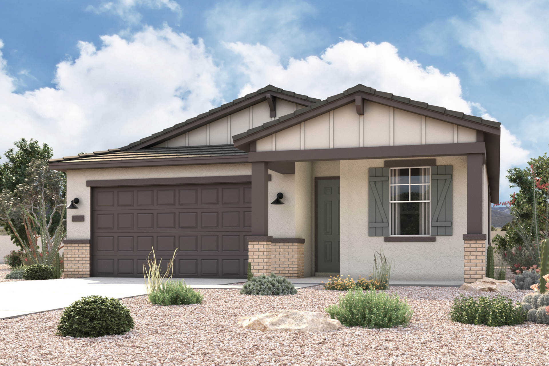 New Home ranch style exterior elevation rendering of 1 story 3-bedroom floor plan in Maricopa AZ USDA Loan VA Loan Eligible Near 347 with community amenities near park