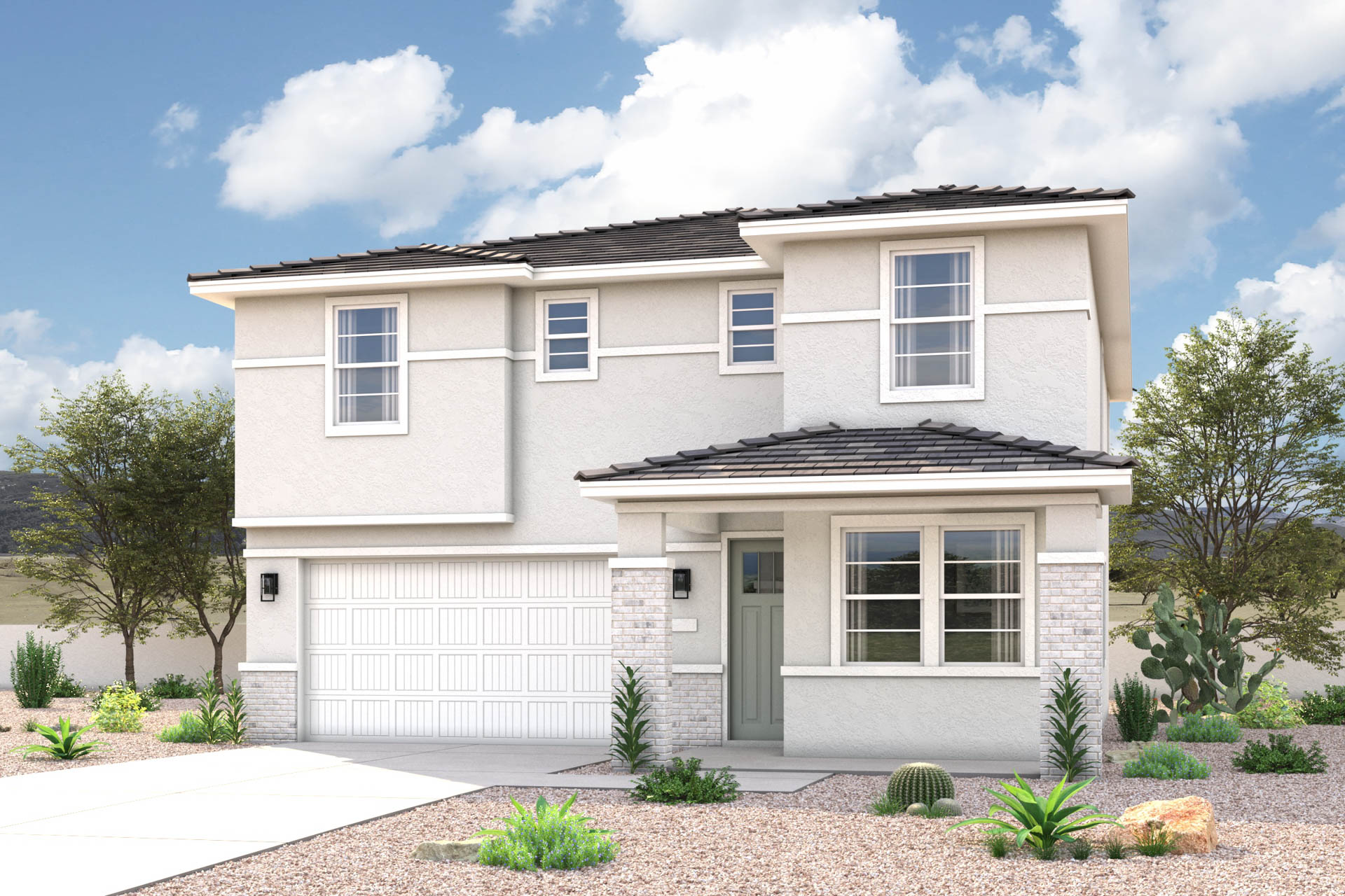 Spanish exterior elevation rendering of 2 story 3-5 bedroom New Home floor plan in Maricopa AZ USDA Loan VA Loan Eligible Near 347 with community amenities near park