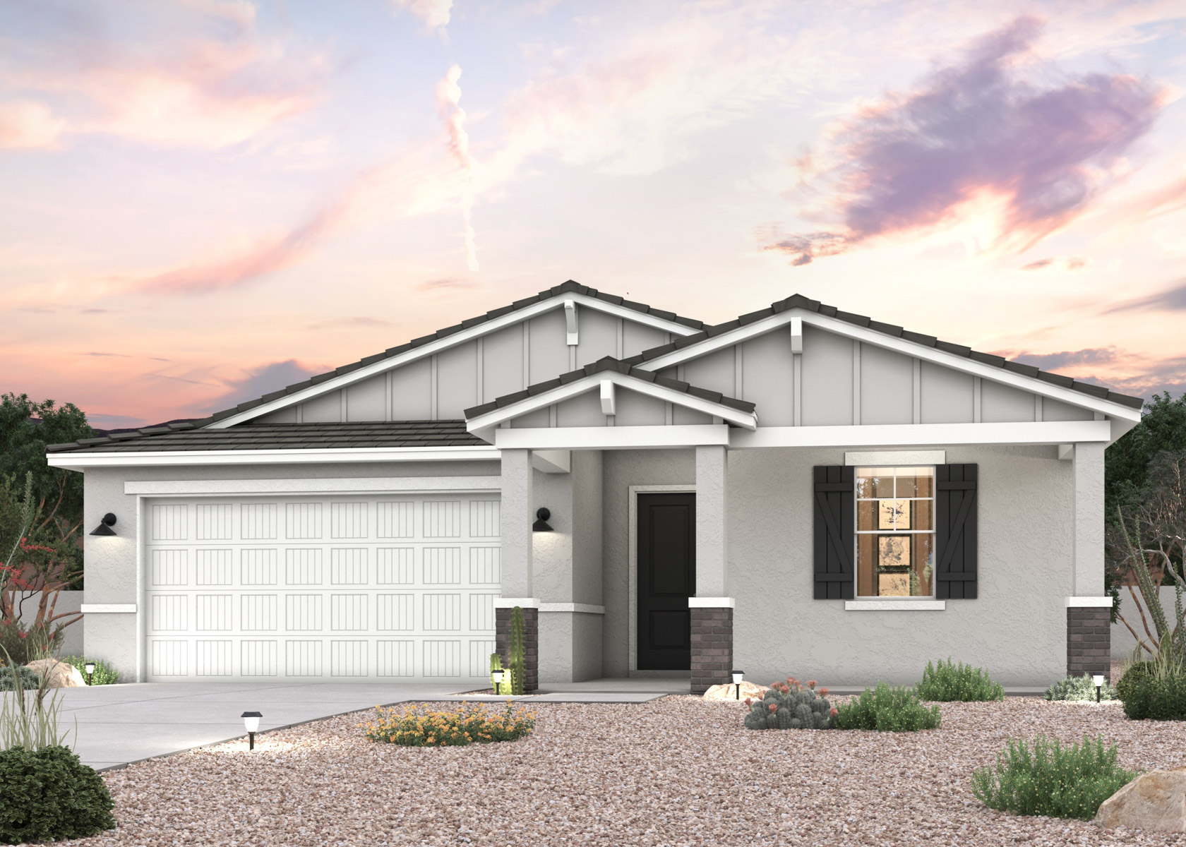 Twilight rendering of front of home with 2 car garage.