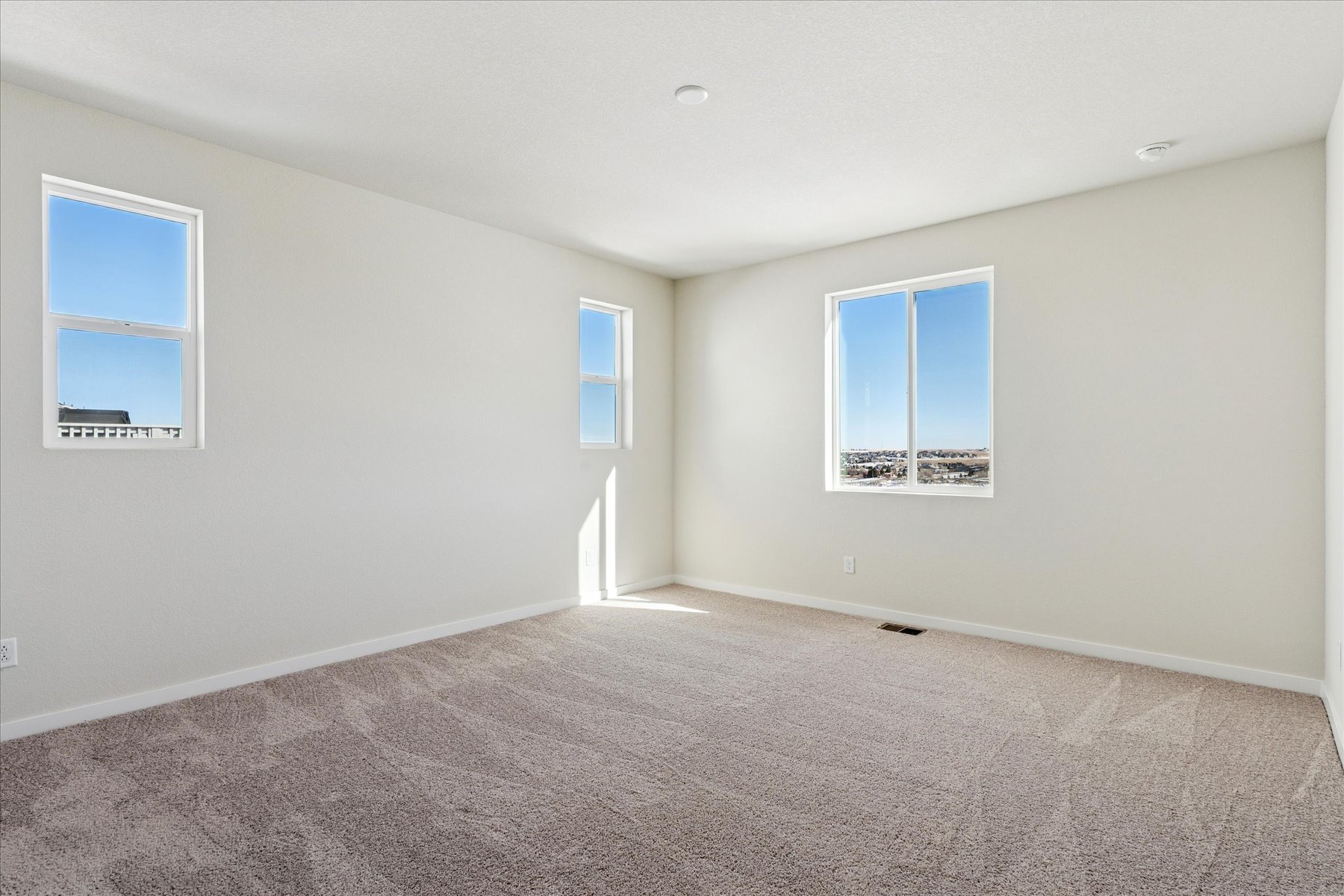 A room with a carpet and windows.