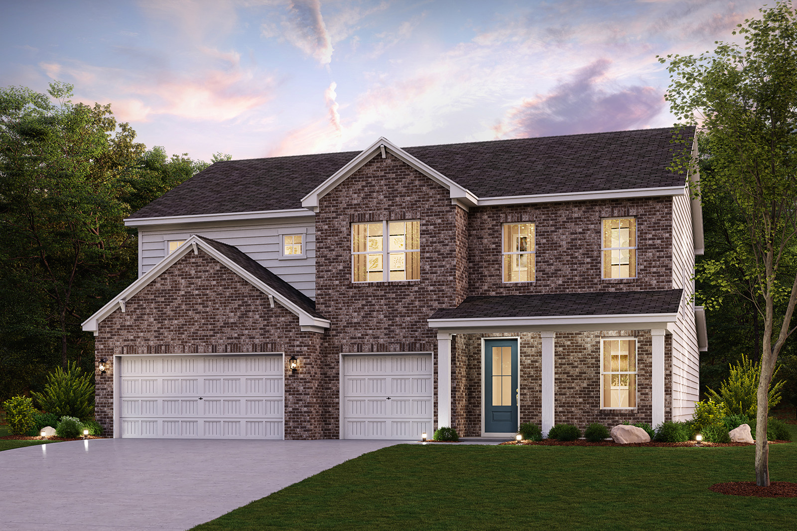 A house with garages and trees.