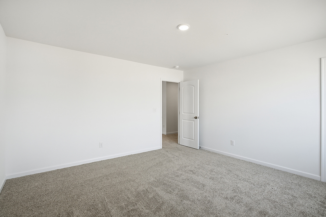 A room with a carpet and a door.