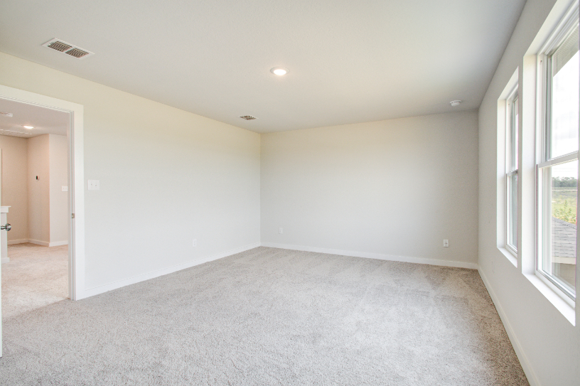 A room with a carpet and windows.