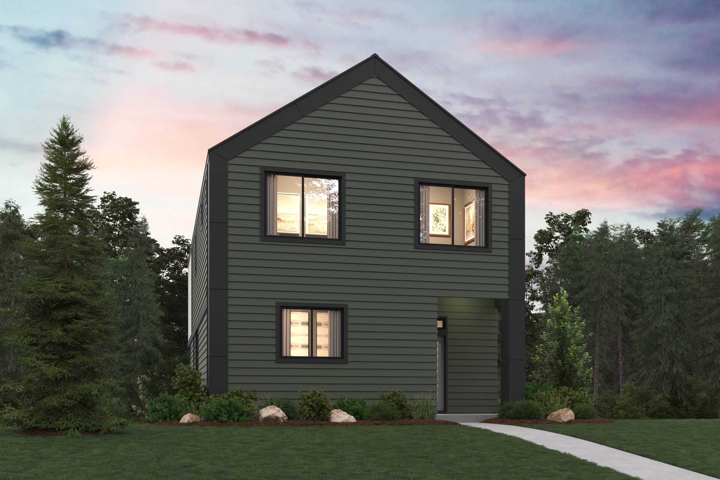 A house with trees around it.