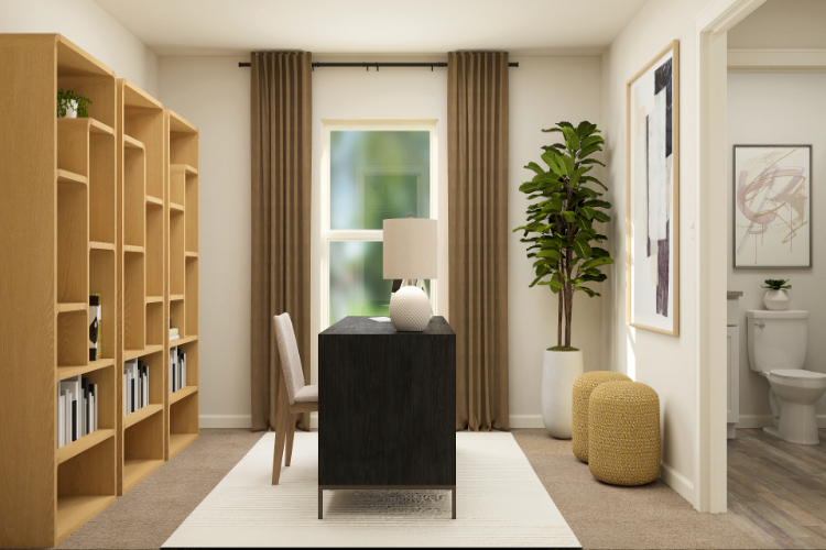 A room with a table and chairs.