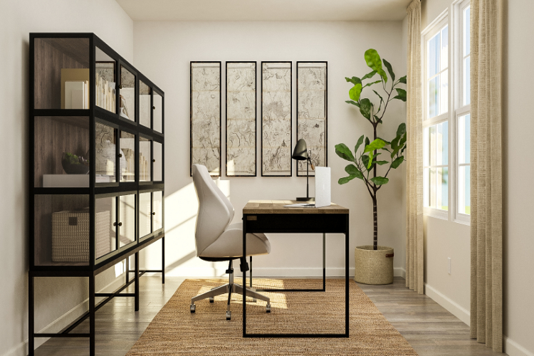 A room with a desk and a chair.