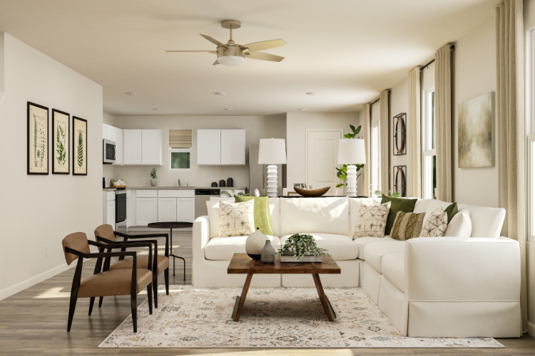 A living room with a white couch.